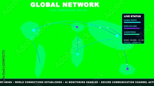 Digital global network motion footage showing animated data transmission lines connecting various geographical nodes across a vibrant green screen background