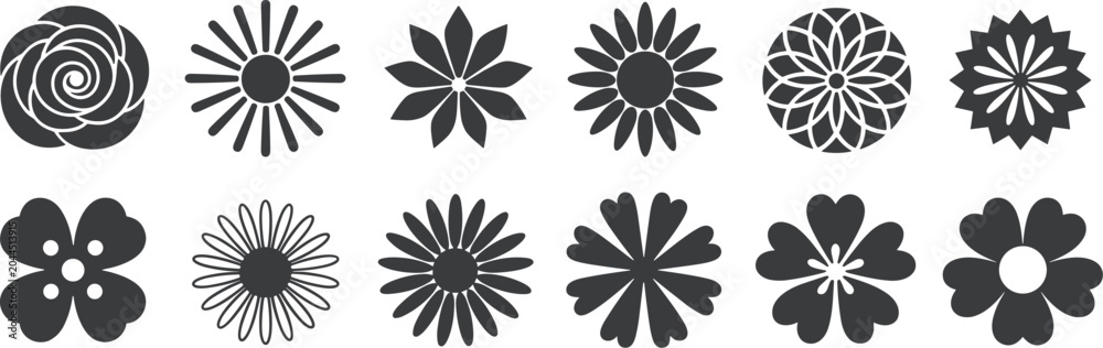 Obraz premium Collection of diverse stylized floral and geometric ornamental motifs in dark gray isolated graphic elements