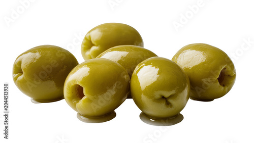 Quadro su tela Six pitted green olives with glossy skin and liquid