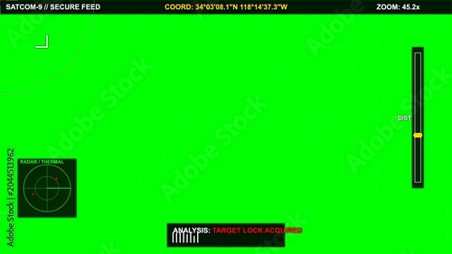 Digital radar targeting interface showing advanced military surveillance animation for tactical operations with green grid lines and tracking system display