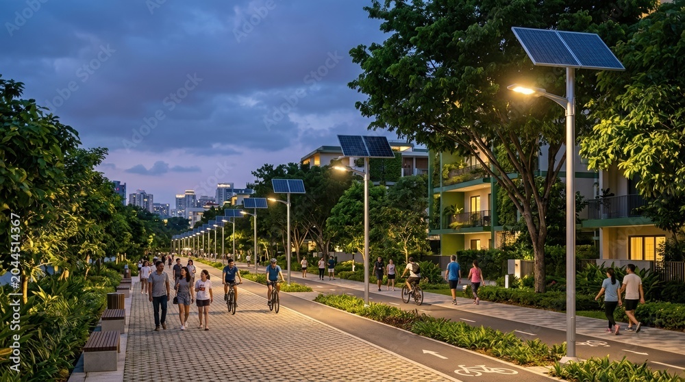 Naklejka premium Solar powered street lights in a modern urban park at dusk. People walking and cycling on a paved path in a sustainable green city. Renewable energy and eco-friendly urban living concept