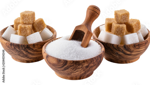 Tableau sur toile Wooden bowls filled with white and brown sugar cubes and granulated sugar