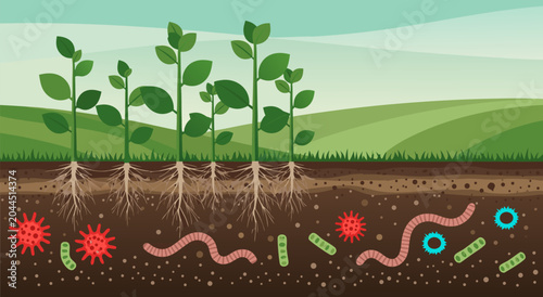 Photos Scientific vector illustration showing plant roots, microorganisms, and soil lay