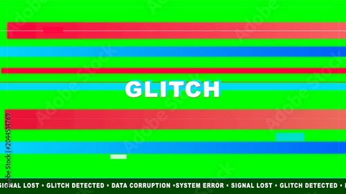 Glitch effect digital motion footage showing vibrant red and blue horizontal bars across a bright green screen background animation style