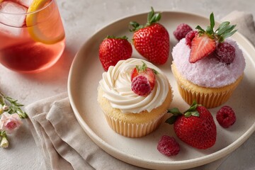 Juneteenth cupcake dessert plate with strawberries, raspberries and pink drink for celebration table background and party design