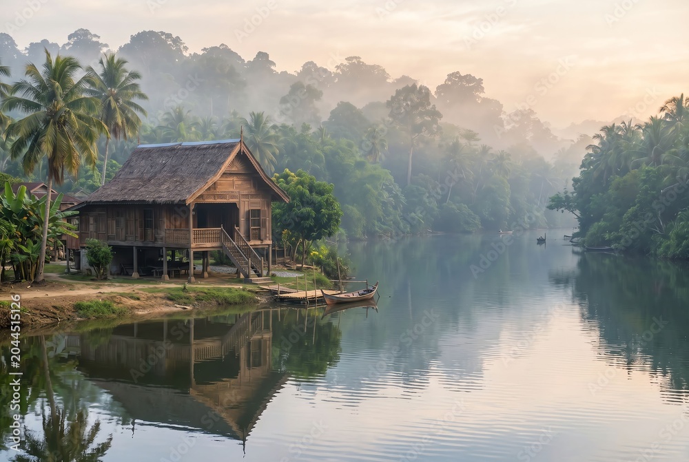 Fototapeta premium Authentic Kutai Perak House Beside Tropical River in Rural Malaysia