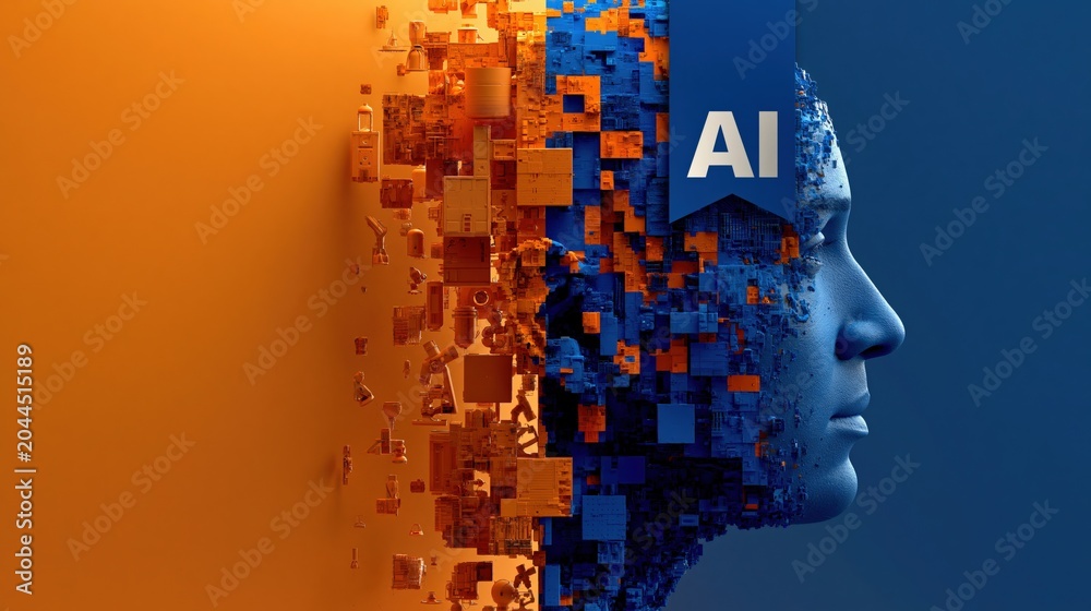 Obraz premium Digital Human Head Dissolving into Abstract Cubes Representing Artificial Intelligence Transformation