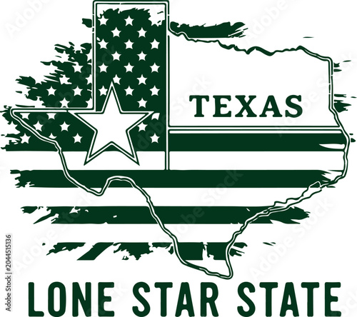 Texas state outline with American flag design and text lone star state for patriotic graphic design and nationalistic symbol.