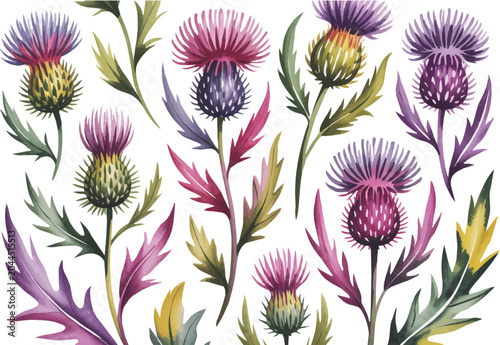 Obraz na płótnie watercolor A Thistle Stem flower pattern vector illustration isolated on white b