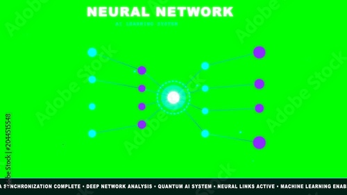 Neural network artificial intelligence system motion animation featuring glowing data points and digital connection lines on a bright green background