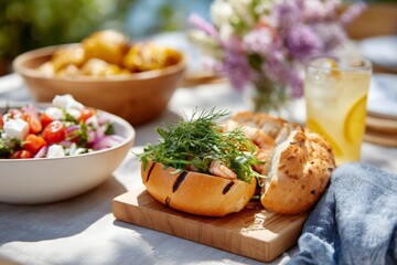 Grilled sandwich salad and lemonade on a juneteenth picnic table for celebration banner and summer party background