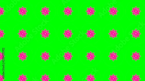Pink floral geometric pattern animation featuring repeating rotating botanical shapes set against a vibrant bright green motion video background screen
