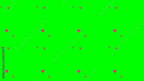 Pink hearts floating pattern on a vibrant green screen background creating a lovely romantic digital animation motion video clip