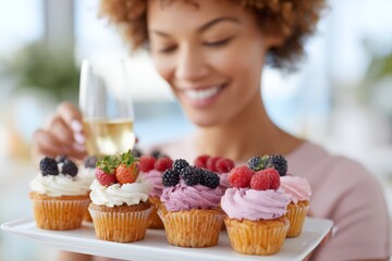Closeup of woman holding plate of berry topped cupcakes with champagne for juneteenth party background and dessert menu design