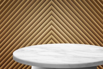 White Marble Round Table Against Wood Panel Background.