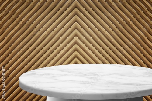 White Marble Round Table Against Wood Panel Background.
