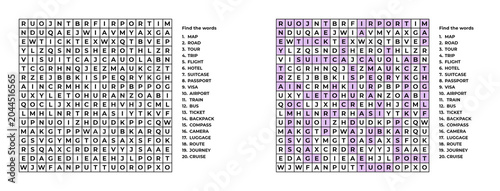 Engaging word search puzzle for adults and children with answers  on the topic of Travel 