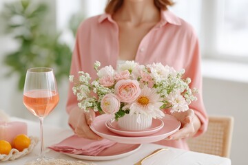 Juneteenth table decor with pastel floral centerpiece and candles for elegant dining background and celebration table setting design
