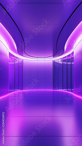 This image captures the sleekness of a futuristic interior, featuring rounded architecture, glossy surfaces, and vibrant purple lighting, enhancing its overall modern ambiance
