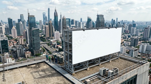Dominant Urban Advertising: Blank Rooftop Billboard Against a Modern City Skyline