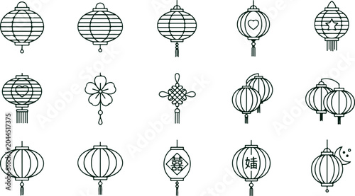 Collection of chinese lanterns and traditional decorations for lunar new year celebration on transparent background.