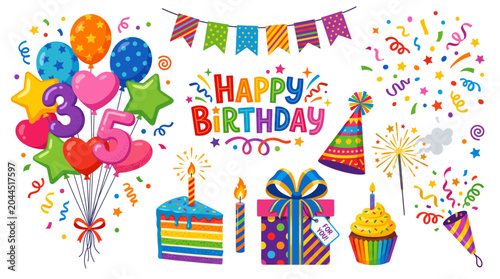 Birthday Party Celebration Confetti Balloon Vector Element Set with Cake Cupcake Gift Box Banner Sparkler Happy Birthday and Colorful Design