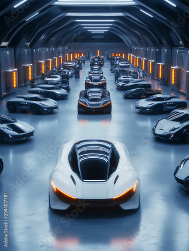 Sleek futuristic cars line an illuminated showroom, showcasing advanced technology and design