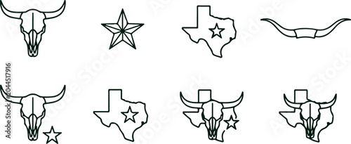 Obraz na płótnie Texas state outline with star and longhorn skull and horns, rodeo and western usa culture symbol line art set