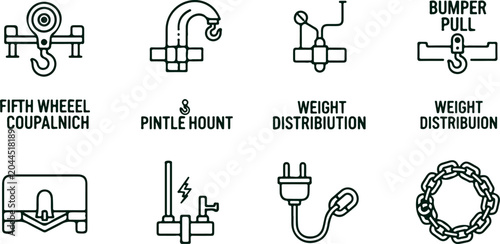 Tableau sur toile Set of vehicle towing equipment icons fifth wheel pintle mount weight distribution bumper pull chain and trailer hitch for automotive transport services