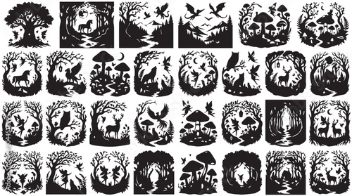 Mystical forest silhouettes set, 28 black and white nature icons, enchanted woodland wildlife and magic mushroom vector illustrations for laser cutting