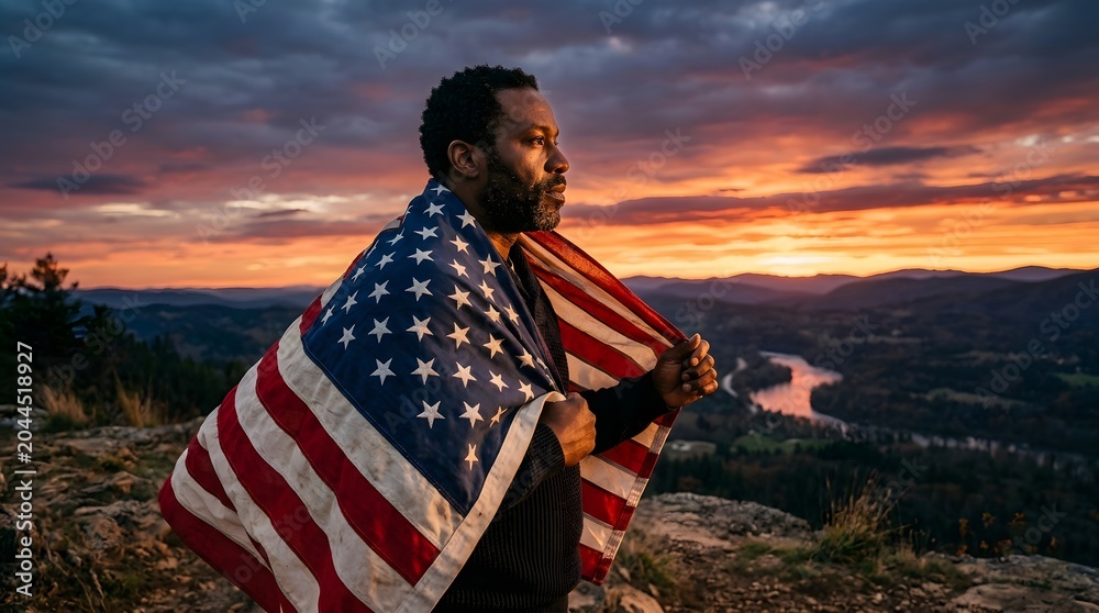 Fototapeta premium Man wrapped in American flag looks out over scenic landscape at sunset