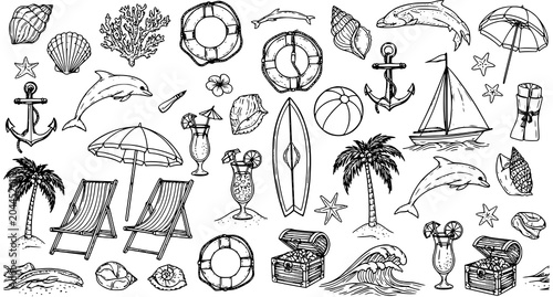 Konstfotografi Hand Drawn Beach Objects Seamless Pattern with Coastal Summer Elements for Texti