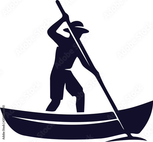 Tableau sur toile Stylized silhouette illustration of a man standing in a small boat propelling it