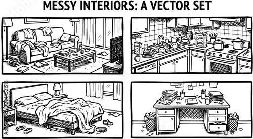 Cuadro en lienzo Messy Interiors Vector Set: Living Room, Kitchen, Bedroom, Office - Black and Wh