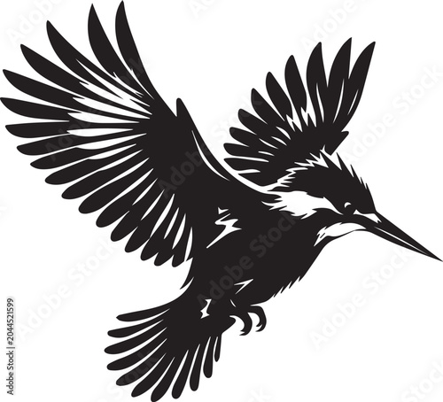 Cuadro en lienzo Kingfisher bird vector silhouette, black and white flying kingfisher illustratio