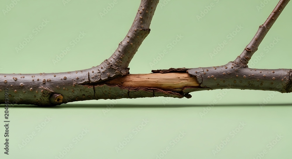 Fototapeta premium Broken branch on green background closeup.