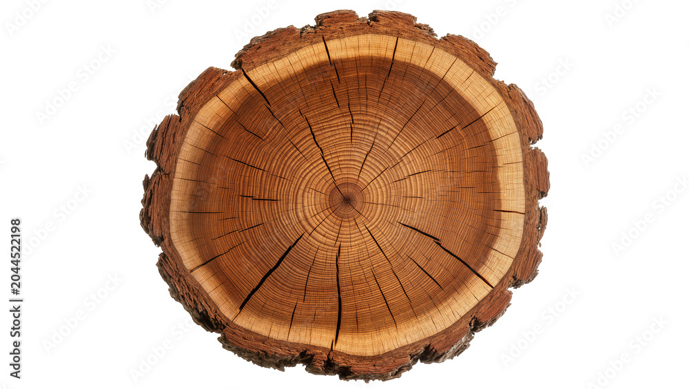 Obraz premium Cross section of a tree trunk with visible growth rings and bark