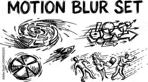 Quadro su tela Black and White Line Art Motion Blur Set: Vortex, Rocket, Abstract Shapes, Peopl