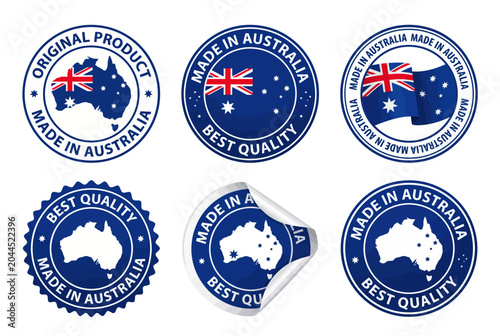 Set of made in australia labels and stickers with australian flag and map