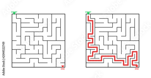 Foto Maze puzzle with entrance and solved path illustration