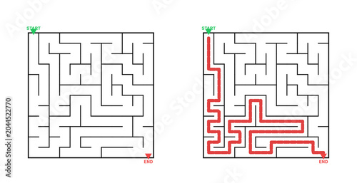 Maze puzzle with start and end points in black and red lines  