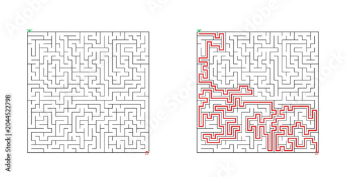 Maze design with paths outlined in red on white background  