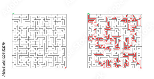 Maze design with solved and unsolved versions on white background  