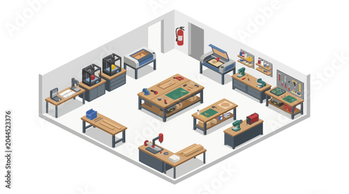 Modern Workshop with 3D Printers, Laser Cutter, and Tools