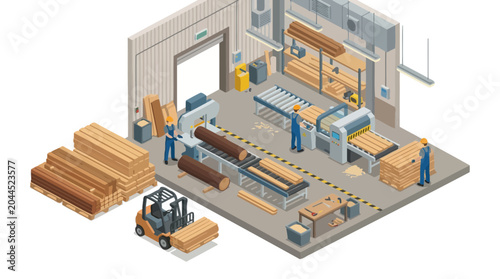 Woodworking factory interior with lumber processing, forklift, machinery