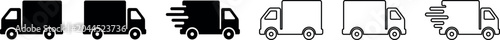 A set of delivery truck icons in black and white outline vector style, suitable for logistics and transportation projects