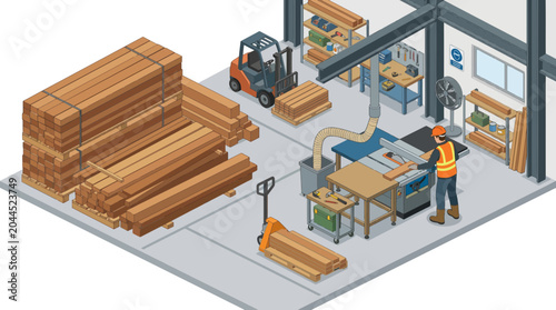 Woodworking Workshop: Lumber, Sawdust, Forklift, Carpenter, Industry