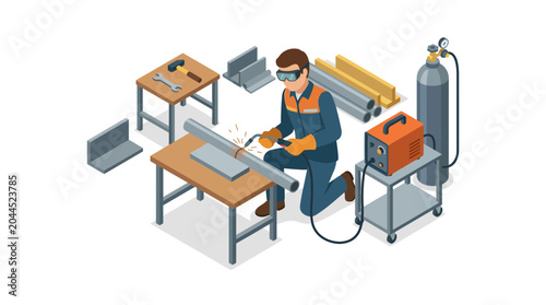 Welder working on metal pipe with welding machine and gas cylinder