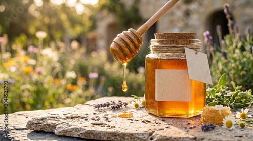 Mockup Honey Jar with Blank Label and Wooden Dipper on Travertine Stone
