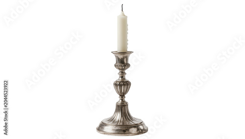 Schilderij op canvas Ornate silver candlestick with unlit white candle